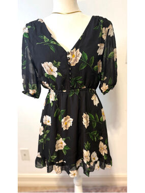 The Kooples silk lined Black Floral Mini Dress S, covered buttons. Ruffle hem